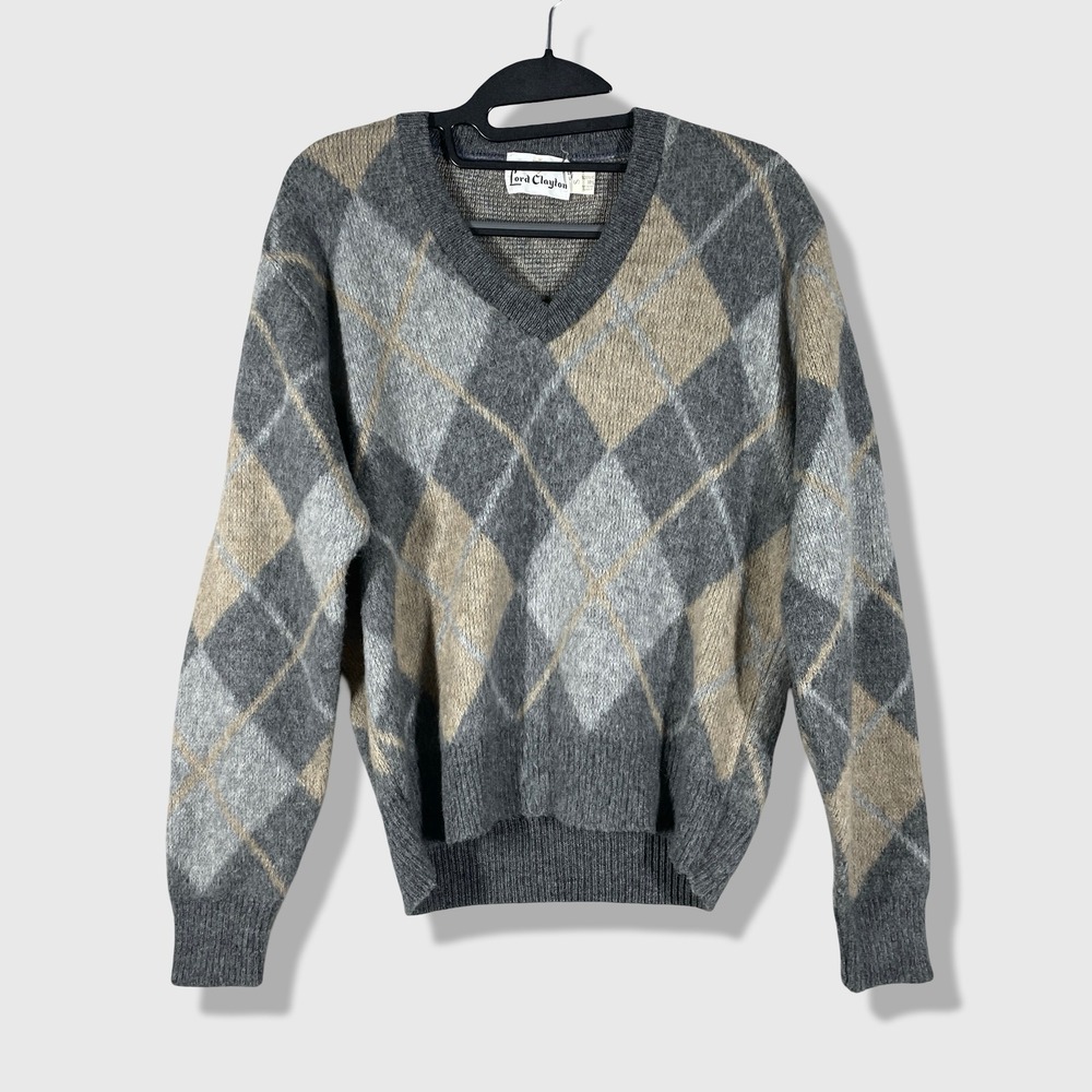 Lord Clayton Argyle Sweater Mens S Gray Vintage Preppy Academic Grandpa Grunge